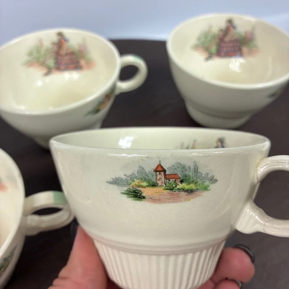 Vintage Salem China Godey Prints Demitasse Teacups Victory Ribbed Shape Set of 4